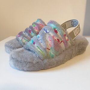 NEW Ugg Fluff Yeah Tiger Flower Platform Slide Slipper Sandals Gray